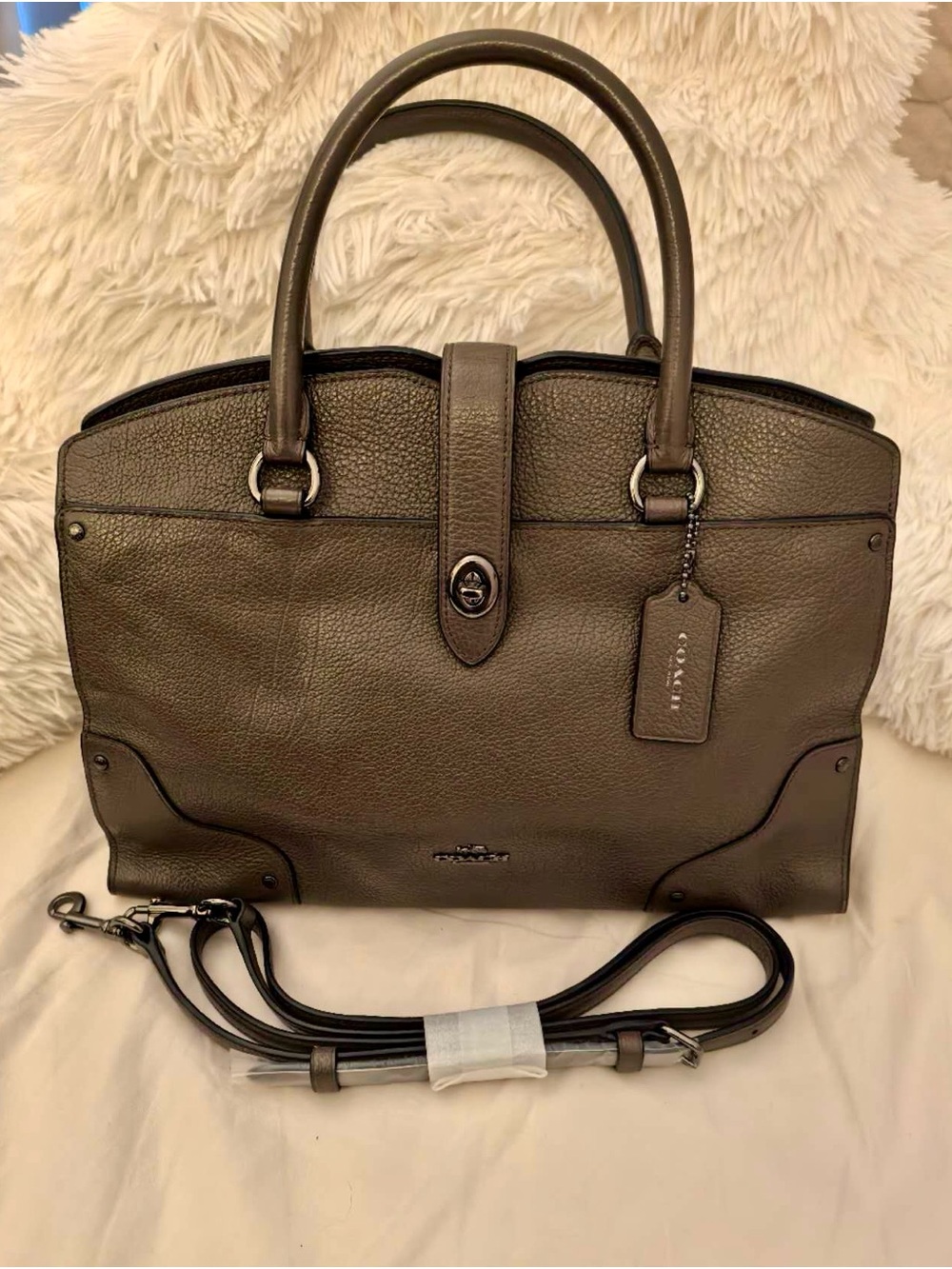 Coach Pebbled Leather Satchel in Olive Brown with Detachable Strap